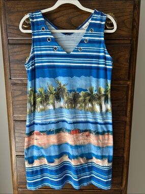 Rafaella Blue Multicolor Palm-Print Striped Swim Coverup